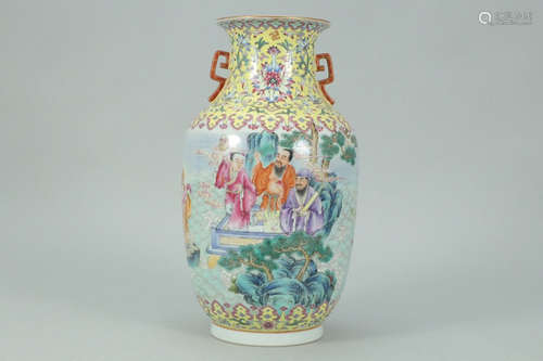 A Chinese Yellow Ground Famille Rose Porcelain Double-eared Vase