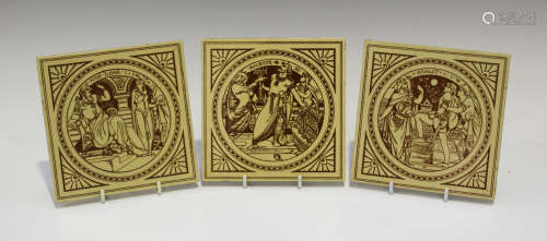 Three Mintons Shakespeare subject tiles, designed by John Moyr Smith, late 19th century,