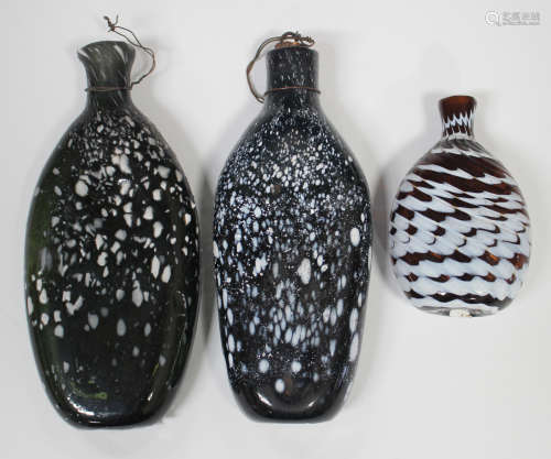 Two Nailsea type glass flasks, 19th century, each flattened body of dark olive green tint with