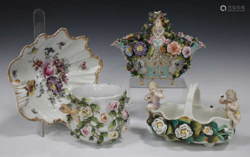 Four pieces of Continental porcelain, late 19th/early 20th century, comprising a shell shaped