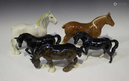 Five Beswick horses, comprising grey Shire Mare, No. 818, two black gloss Stocky Joggy Mares, No.