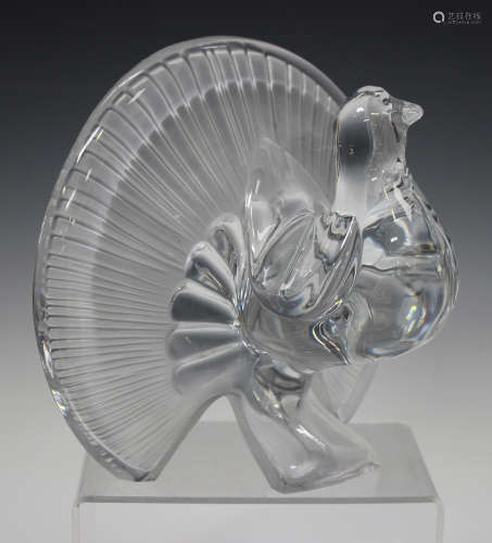 A Daum clear and frosted glass model of a fantail dove, late 20th century, engraved mark, height