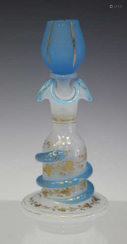 A Baccarat type opaline glass scent bottle and tulip shaped cup stopper, late 19th century, the