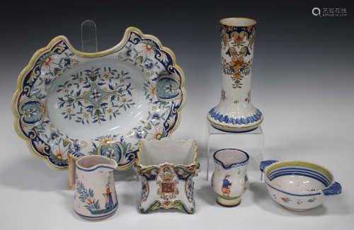 A small group of French faience, late 19th/early 20th century, including a barber's bowl, polychrome
