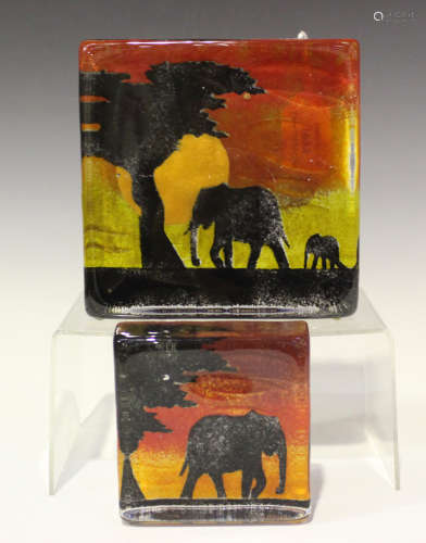 Two Caithness sandcast glass sculptures, designed by Sarah Peterson, titled 'Elephant' and '