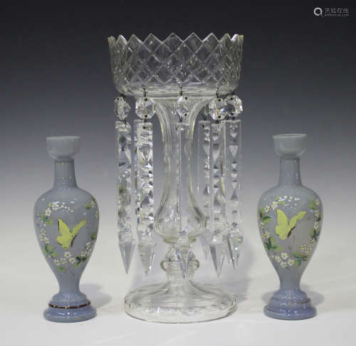 A clear cut glass lustre, early 20th century, the diamond decorated circular top hung with ten