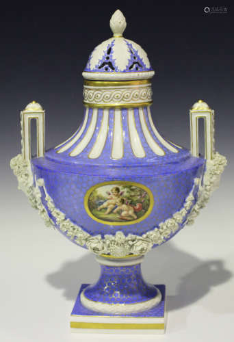 A Niderviller Sèvres style two-handled vase and pierced cover, 19th century, the bleu céleste glazed