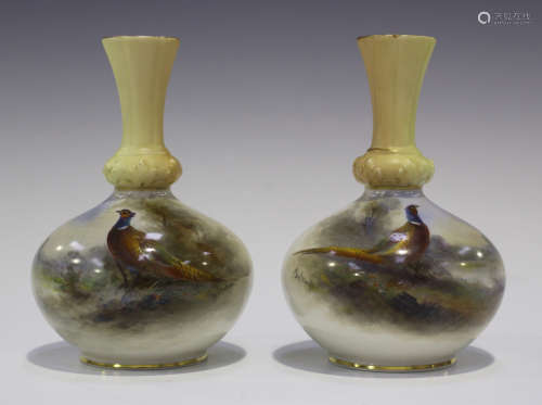 A pair of Royal Worcester porcelain vases, circa 1903 and 1907, painted by Jas. Stinton, signed, the