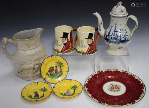 A group of decorative ceramics, late 18th to 20th century, including a blue painted pearlware coffee