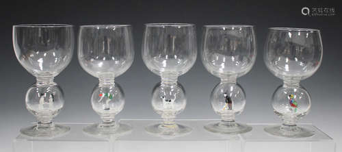 Five Stevens & Williams glass goblets with lamp blown decoration, 1930s, attributed to William