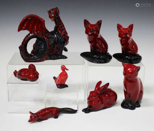 Eight Royal Doulton Flambé animals, comprising the Collectors Club Dragon, HN3552, height 14cm,