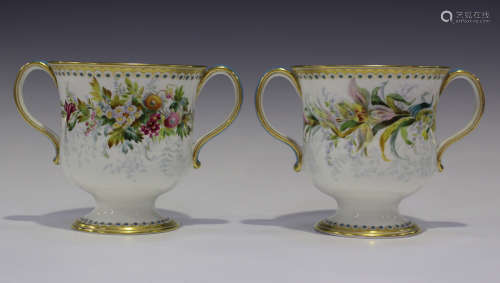 A pair of English porcelain Minton style two-handled vases, mid-19th century, the U-shaped bodies