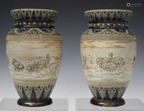 A pair of Doulton Lambeth stoneware vases, circa 1887, decorated by Hannah Barlow, monogrammed, each
