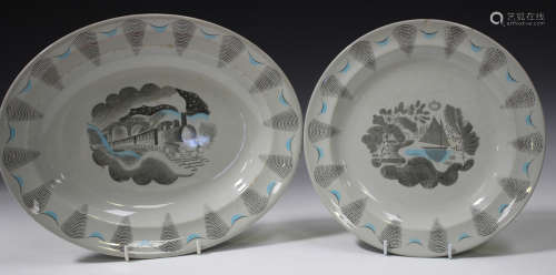 A Wedgwood plate and oval serving platter in the Travel pattern, designed by Eric Ravilious, printed
