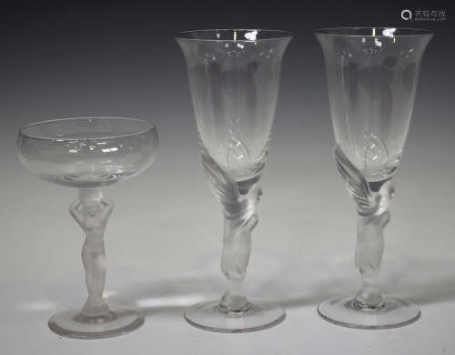 A pair of Igor Carl Fabergé clear and frosted glass kissing doves champagne flutes, etched factory