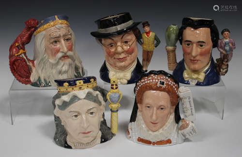 Five limited edition Royal Doulton large character jugs, comprising Queen Victoria, D6788, Merlin,