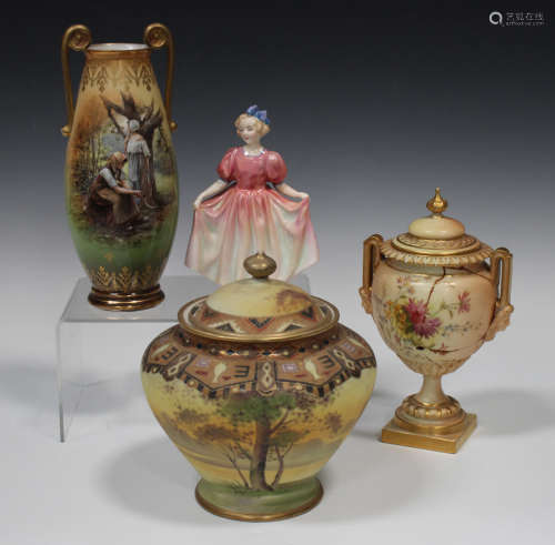 A Continental vase and cover, early to mid-20th century, the bulbous body painted with a blush