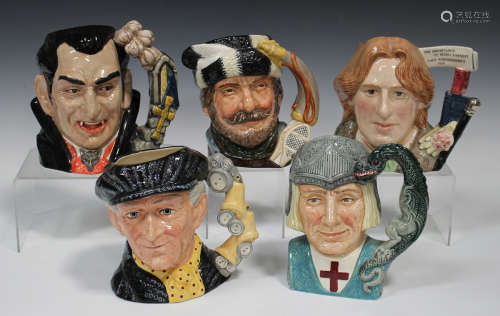 Five large Royal Doulton character jugs, comprising Oscar Wilde, D7146, The Trapper, D6609, St