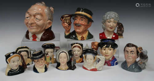 Six small Royal Doulton character jugs representing Henry VIII's six wives, three other Royal