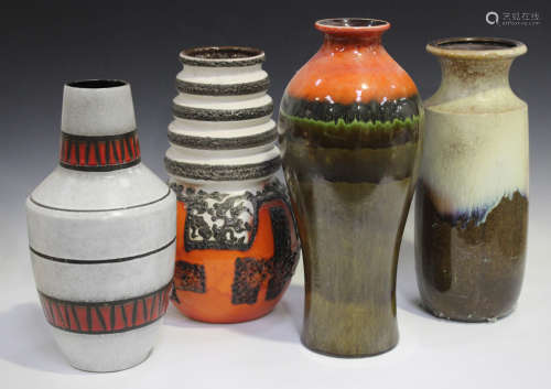 Fourteen large West German pottery floor vases, various decoration and factories, including