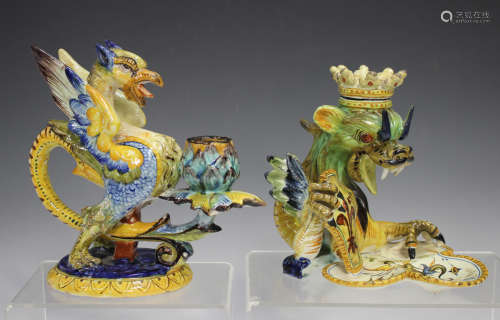 A Cantagalli faience chamberstick, late 19th century, modelled as a crowned dragon holding a trefoil