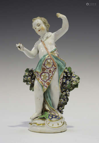A Derby porcelain figure, circa 1770, modelled as Cupid standing before bocage, a pair of