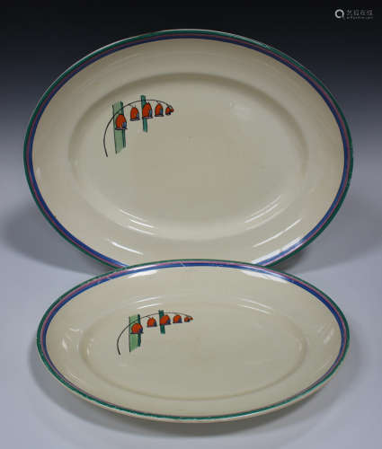 A graduated pair of Clarice Cliff Fantasque Solomon's Seal pattern oval meat dishes, impressed,