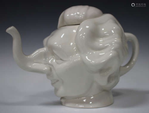 A Luck & Flaw novelty satirical teapot and cover in the form of Margaret Thatcher's head, white