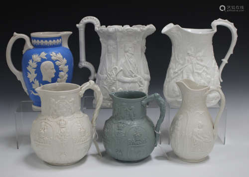 Six commemorative pottery jugs, mid-19th century, comprising a Livesley, Powell & Co Hero Parian jug