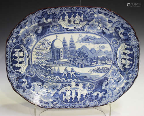 A blue printed pearlware oval meat platter, early 19th century, with a central design of two