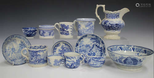 An assorted group of pearlware blue printed pottery, early 19th century, comprising a Dawson & Co
