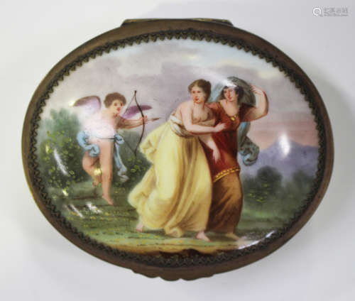 A 'Vienna' porcelain oval snuff box, late 19th/early 20th century, the gilt metal mounted hinged