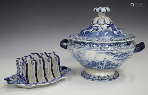 A Davenport blue printed pearlware two-handled circular tureen and cover, early 19th century,