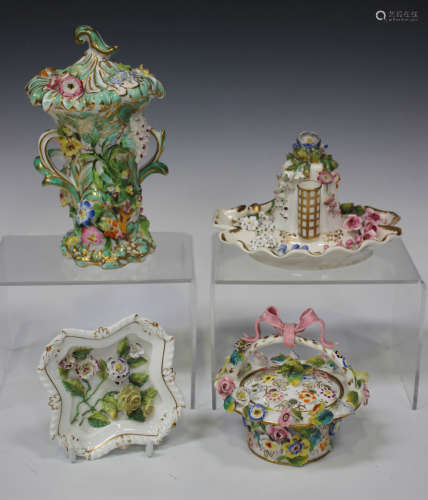 Four pieces of floral encrusted English Coalbrookdale type porcelain, circa 1820-40, comprising a