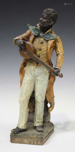 An Austrian cold painted terracotta figure of a banjo player, late 19th century, modelled standing