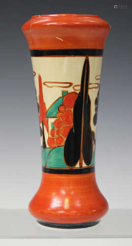 A Clarice Cliff Bizarre Fantasque Red Trees and House pattern vase, 1930s, of gently flared