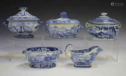 A Jones & Son British History series sauce tureen and cover, circa 1826-28, printed in blue with