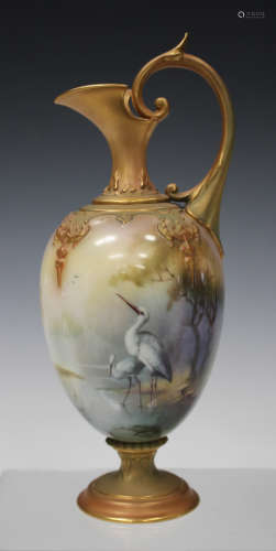 A Royal Worcester Hadley ewer, circa 1907, the lobed ovoid body painted with two storks wading in