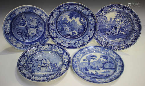 Five blue printed Staffordshire pottery plates, early 19th century, comprising a Davenport Villagers