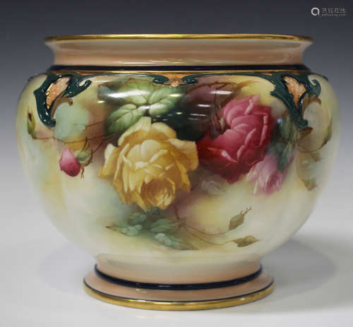 A Royal Worcester Hadley jardinière, circa 1907, the lobed globular body painted by A. Shuck,