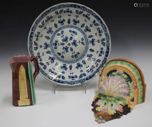 A mixed group of decorative ceramics, 19th century and later, including an Italian wall bracket with