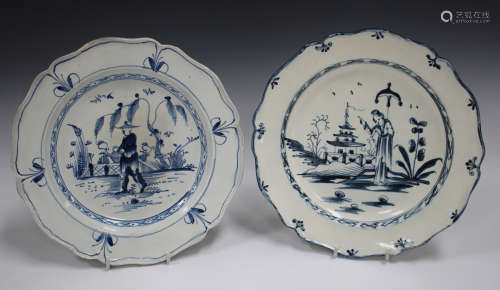 A pearlware plate with unusual blue painted figural design, late 18th century, depicting a