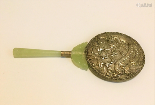 Chinese Hand Mirror silver Dragon Jadeite Handle