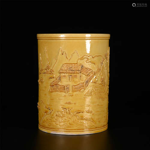 QIANLONG Yellow glaze carved porcelain pen holder