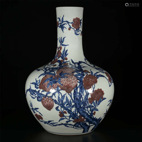 MINGGUO Blue and white glaze red nine peach sky ball bottle