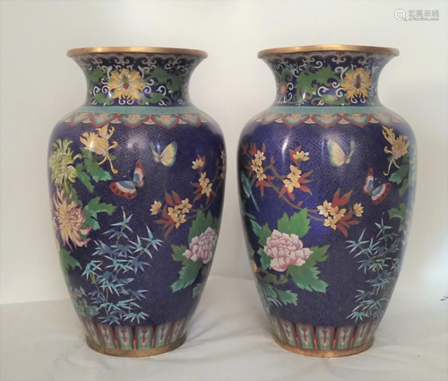 Pair of Chinese Blue Cloisonne Enamel Copper Vases