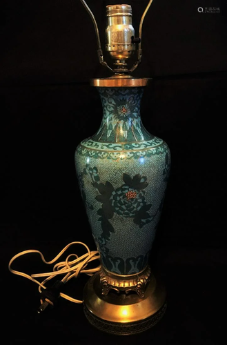 Antique Chinese Cloisonne blue bottle vase lamp