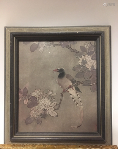 Vtg Chinese Silk painting Birds Framed and Marked