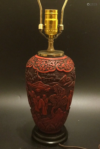 19th Chinese cinnabar carved vase lamp