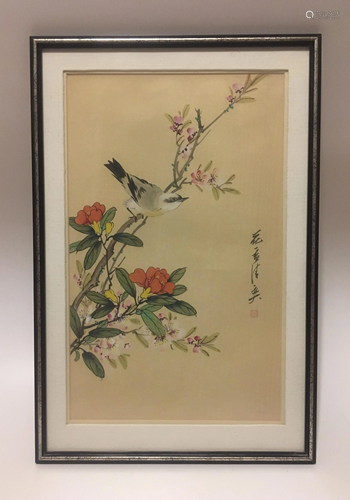 CHINESE HAND PAINTING ON SILK BIRDS FL…